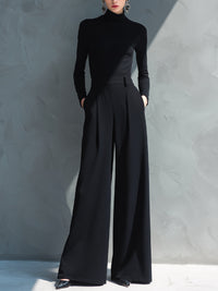 Solange | Combinaison en maille noire à col roulé et jambes larges