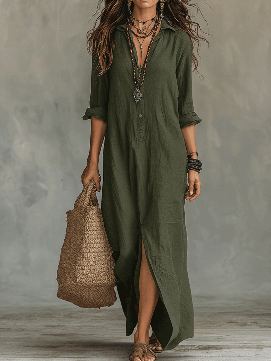 Noémie – Robe chemise bohème longue