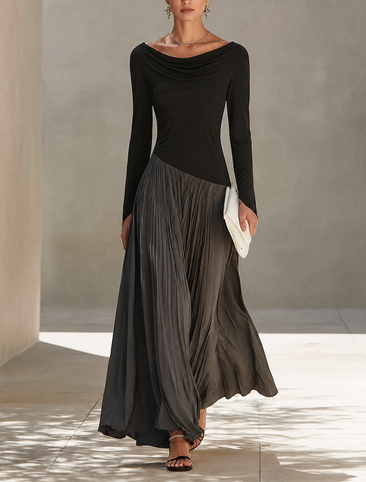 Laetitia, robe longue bicolore noir et gris à col drapé, vue de face