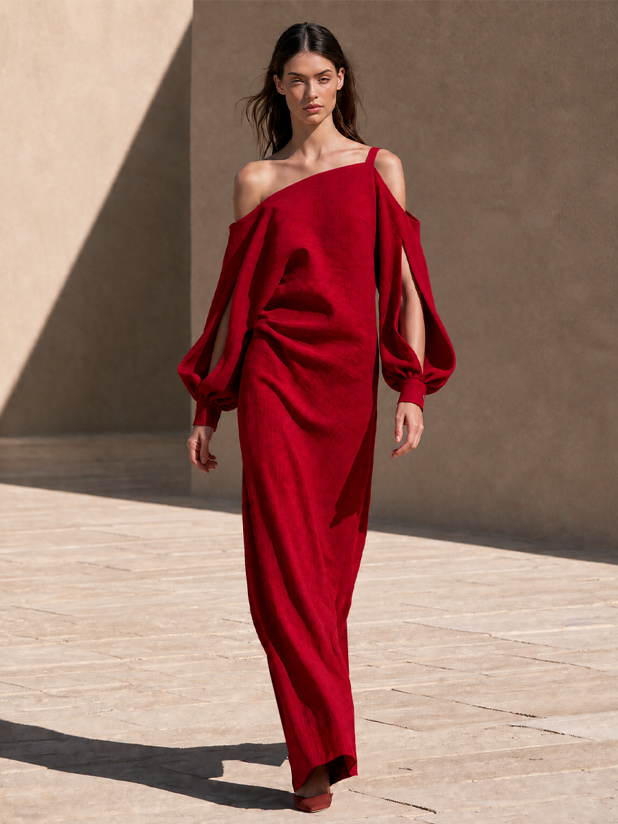 Faustine | Robe longue rouge à épaules dénudées et manches fendues