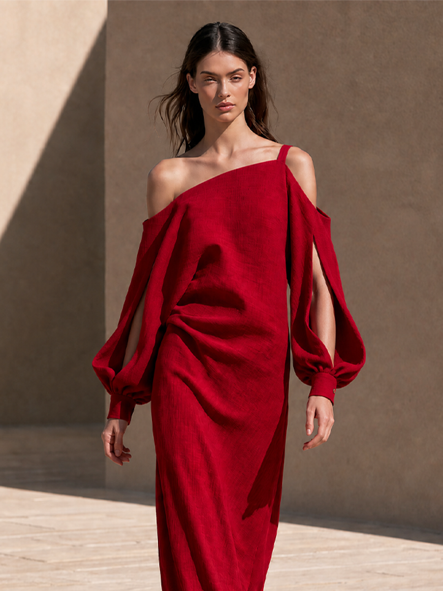 Faustine | Robe longue rouge à épaules dénudées et manches fendues