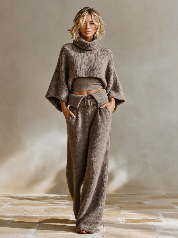 Oriane | Ensemble en maille taupe, col roulé et pantalon large ceinturé