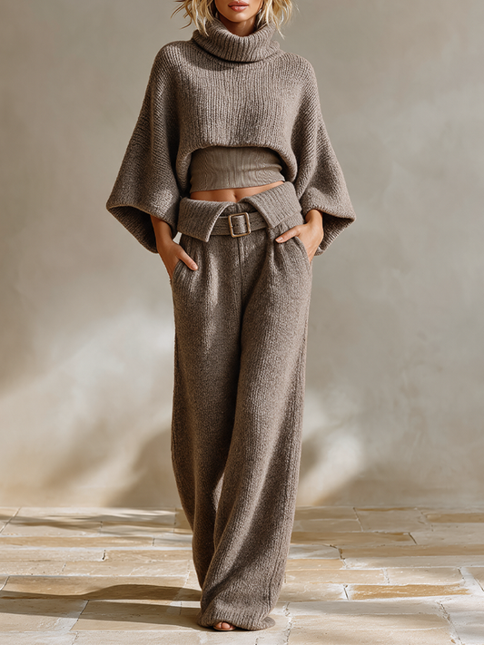 Oriane | Ensemble en maille taupe, col roulé et pantalon large ceinturé
