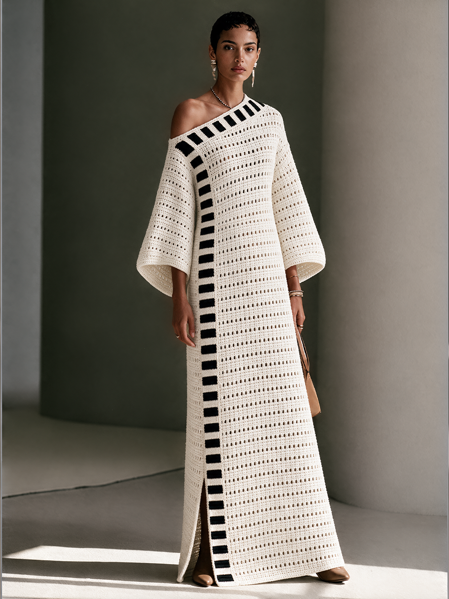 Lison | Robe longue en maille ajourée à épaules dénudées