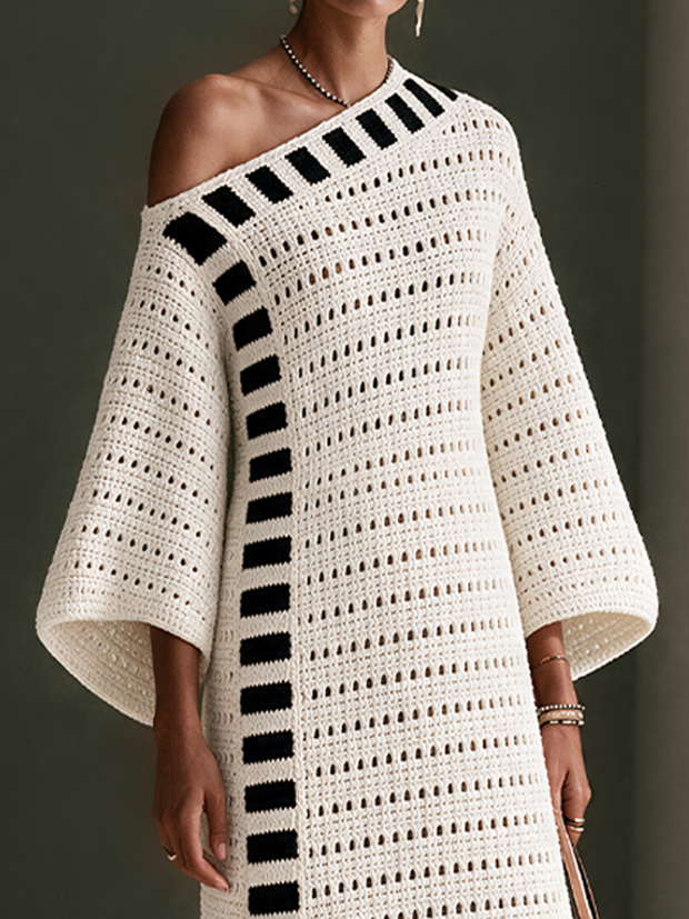 Lison | Robe longue en maille ajourée à épaules dénudées