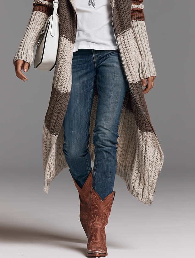 Capucine | Gilet long en maille à bandes contrastées