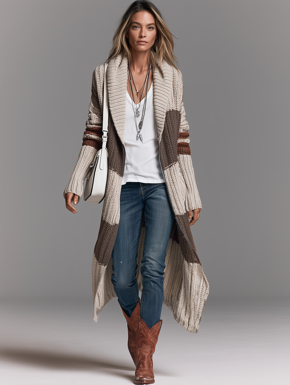 Capucine | Gilet long en maille à bandes contrastées