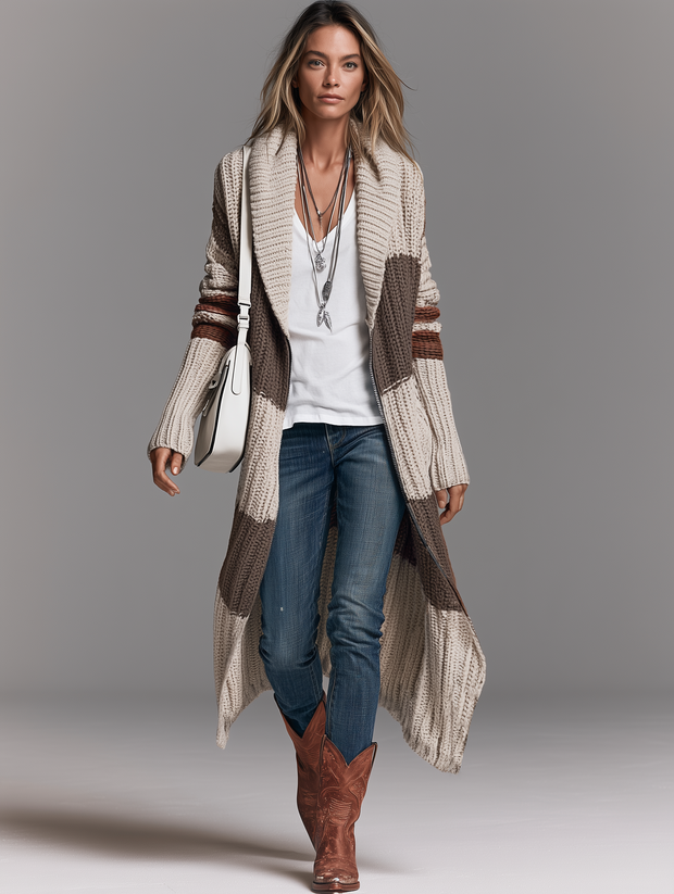 Capucine | Gilet long en maille à bandes contrastées