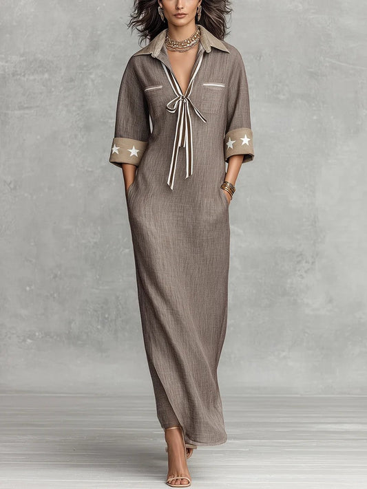 Anouk | Robe longue en lin mélangé à rayures et col chemise