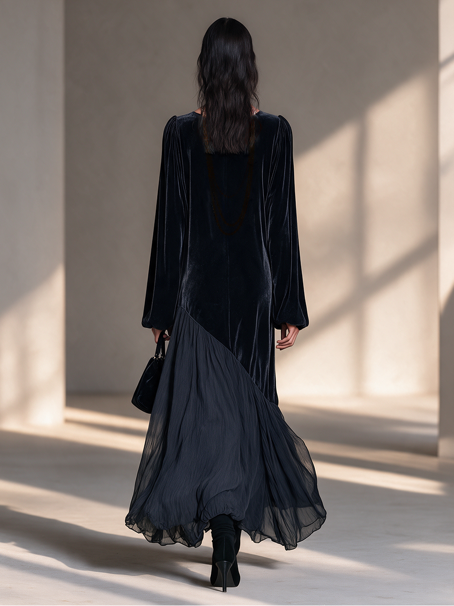 Désirée | Robe longue en velours noir et mousseline