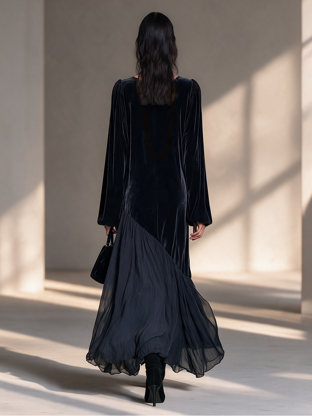 Désirée | Robe longue en velours noir et mousseline