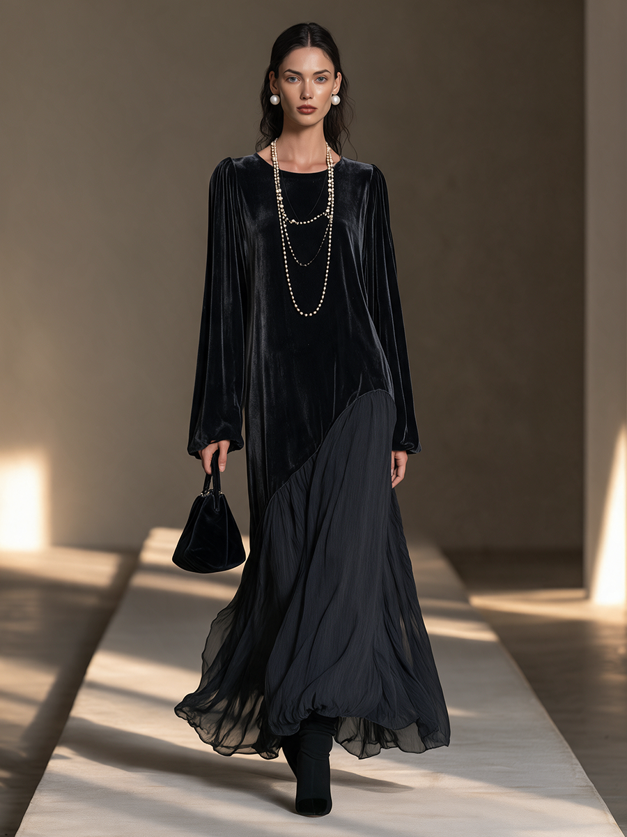 Désirée | Robe longue en velours noir et mousseline