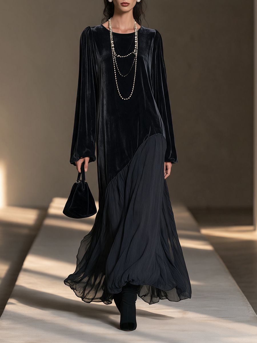 Désirée | Robe longue en velours noir et mousseline