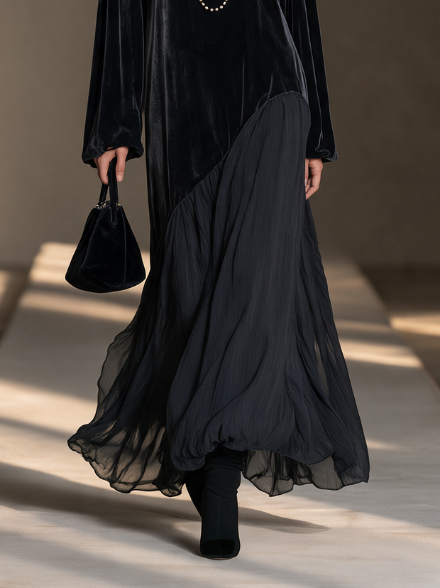 Désirée | Robe longue en velours noir et mousseline