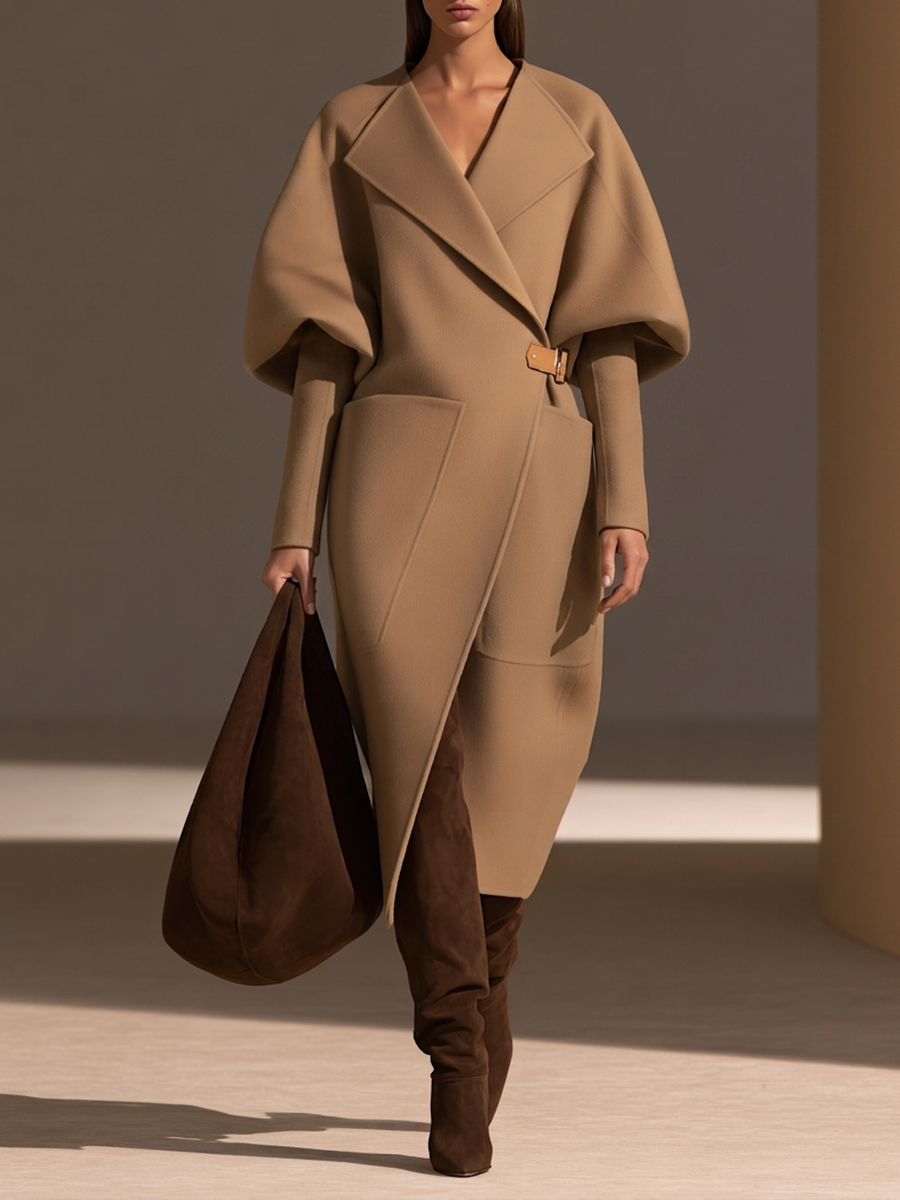 Armance | Manteau long camel à ceinture boucle cuir