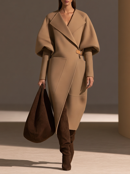 Armance | Manteau long camel à ceinture boucle cuir
