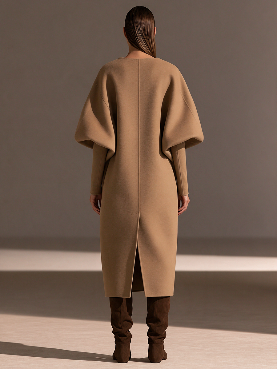 Armance | Manteau long camel à ceinture boucle cuir