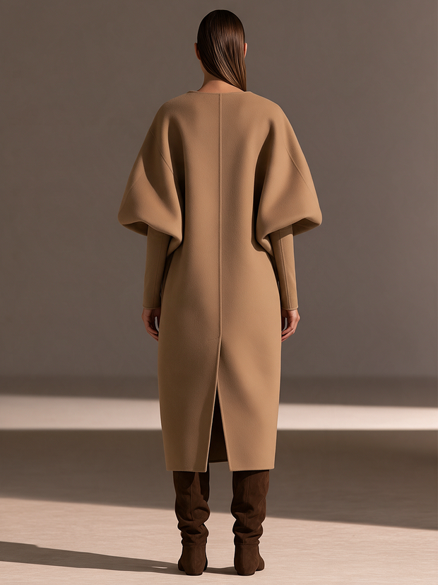 Armance | Manteau long camel à ceinture boucle cuir