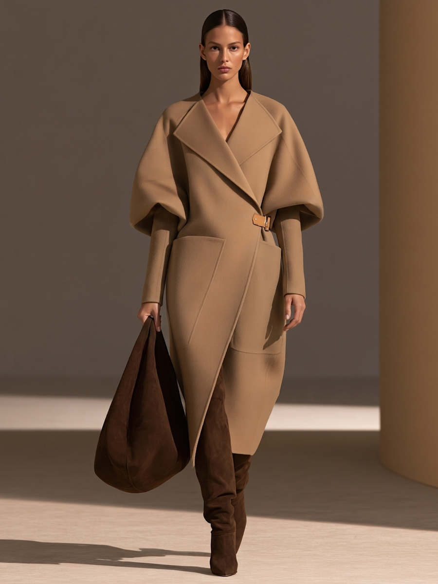 Armance | Manteau long camel à ceinture boucle cuir