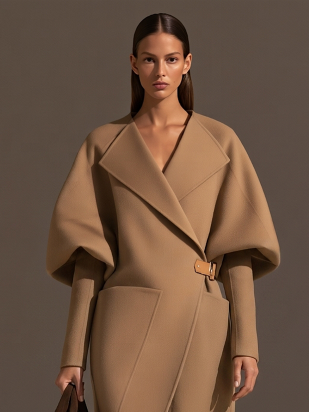 Armance | Manteau long camel à ceinture boucle cuir
