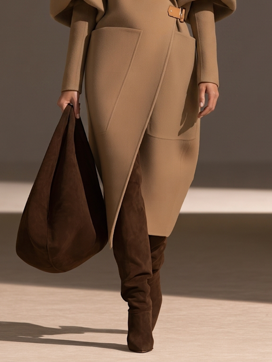 Armance | Manteau long camel à ceinture boucle cuir