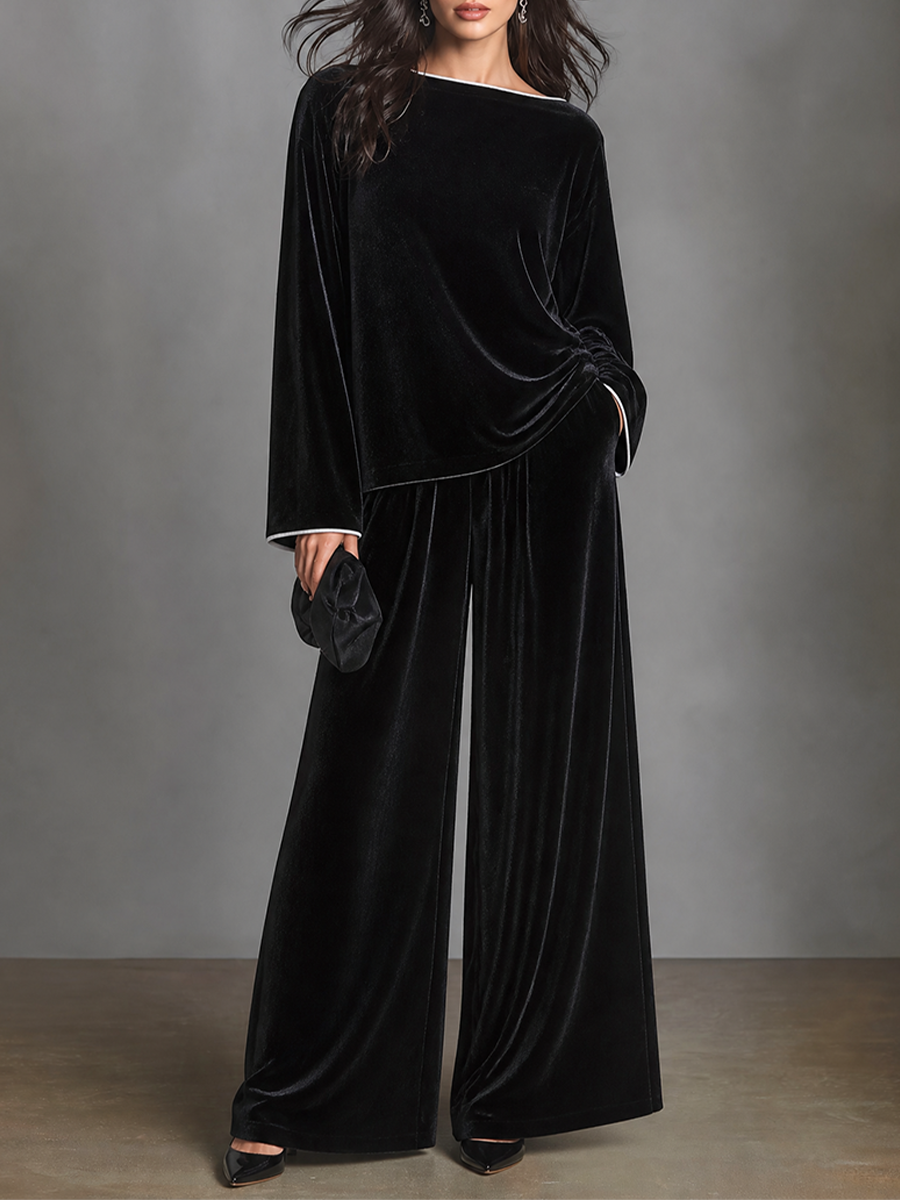 Aliette | Ensemble en velours noir, haut bateau et pantalon palazzo
