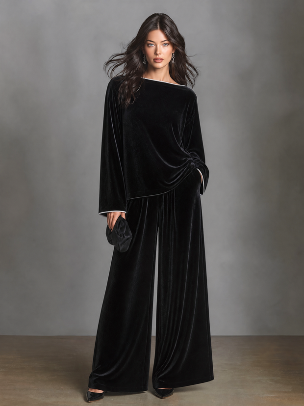 Aliette | Ensemble en velours noir, haut bateau et pantalon palazzo