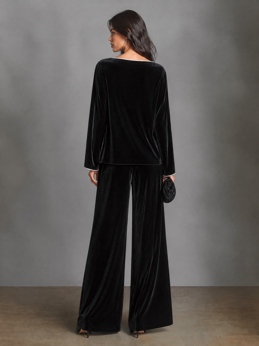 Aliette | Ensemble en velours noir, haut bateau et pantalon palazzo