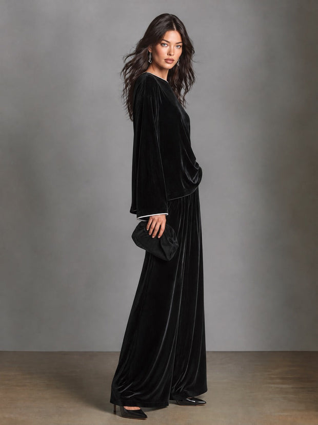 Aliette | Ensemble en velours noir, haut bateau et pantalon palazzo