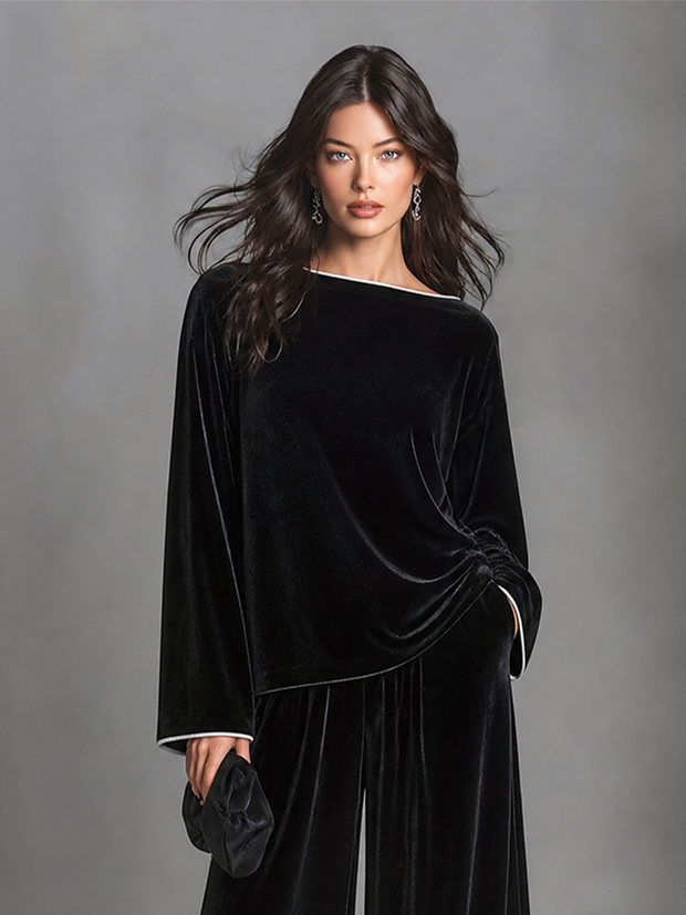 Aliette | Ensemble en velours noir, haut bateau et pantalon palazzo