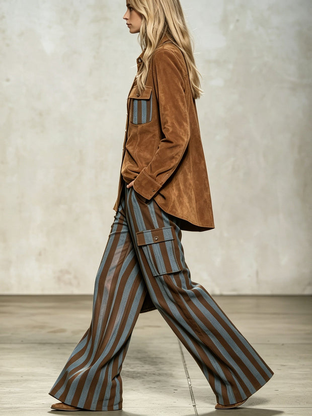 Pantalon large à rayures bleu et brun Mireille, taille haute