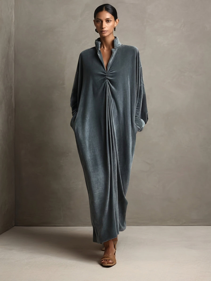 Philomène | Robe longue en velours à col montant et nœud