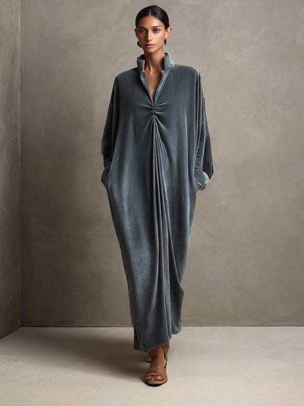 Philomène | Robe longue en velours à col montant et nœud