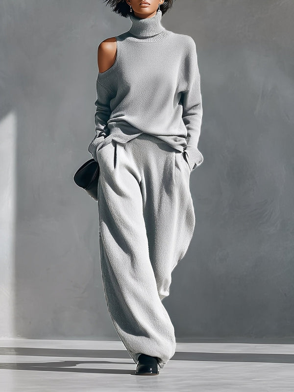 Hélène, ensemble en maille grise col roulé et pantalon large, vue de face