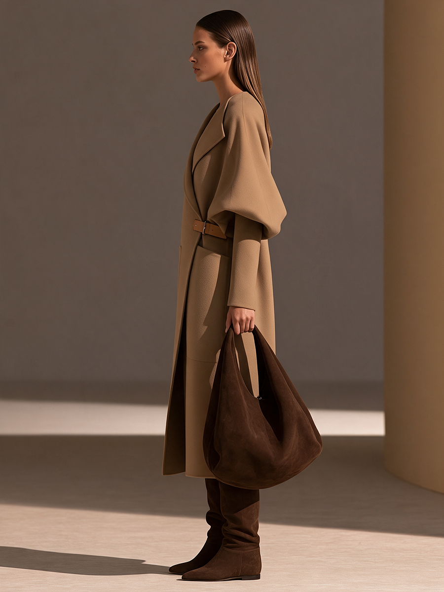 Armance | Manteau long camel à ceinture boucle cuir
