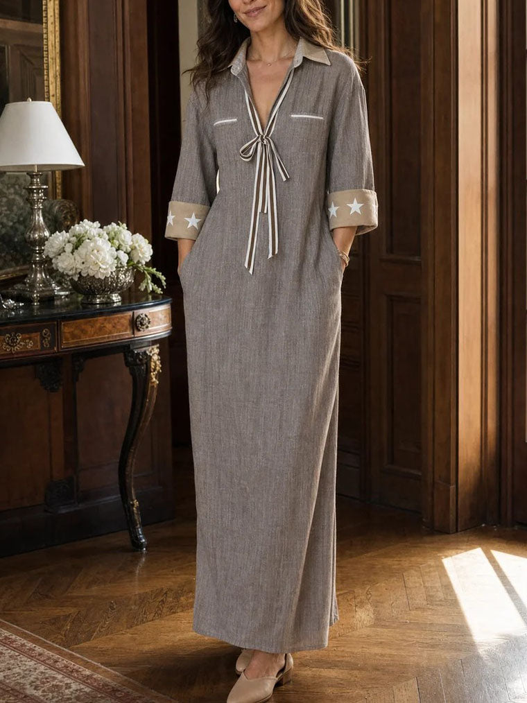 Anouk | Robe longue en lin mélangé à rayures et col chemise