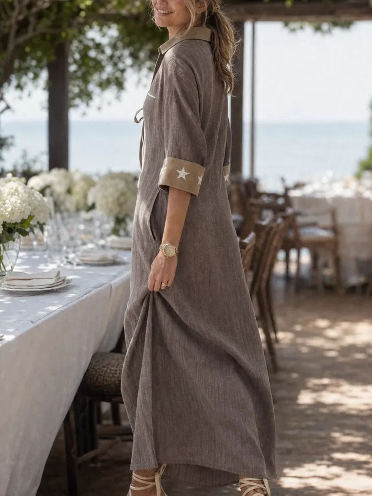 Anouk | Robe longue en lin mélangé à rayures et col chemise