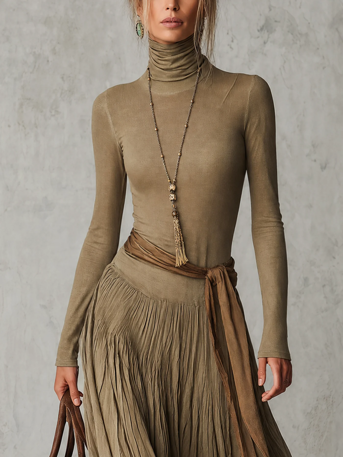 Daphné | Robe longue plissée à col roulé et ceinture à nouer