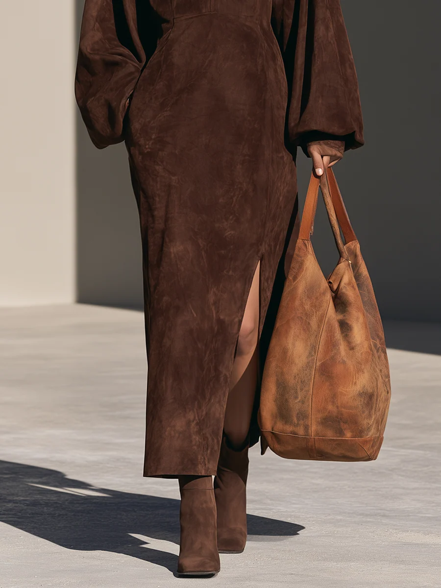 Nora | Robe longue en suédine à demi-zip et fente latérale