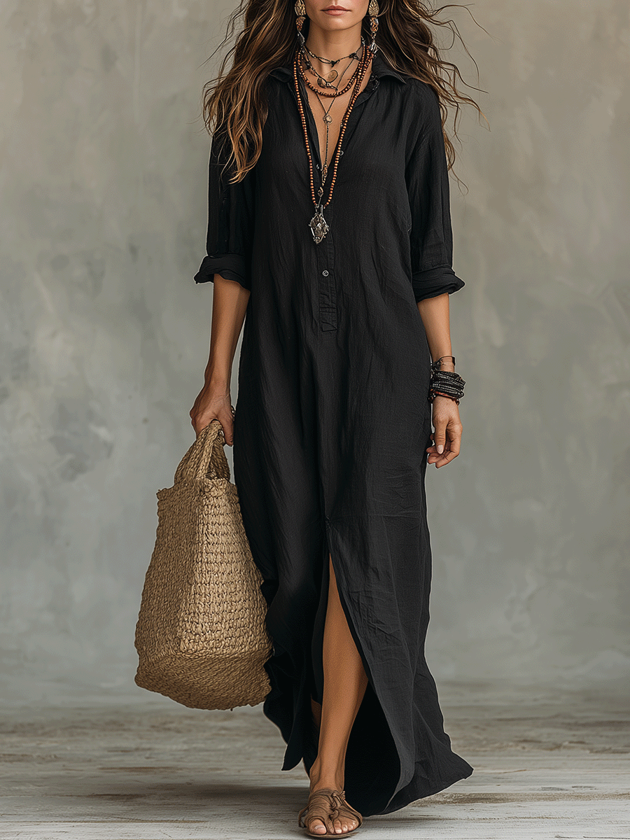 Noémie – Robe chemise bohème longue