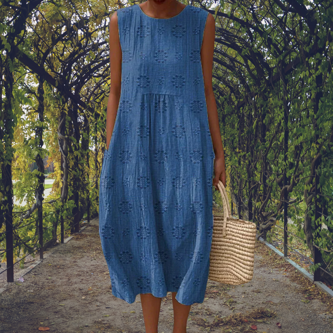 Amandine – Robe midi fluide sans manches avec poches