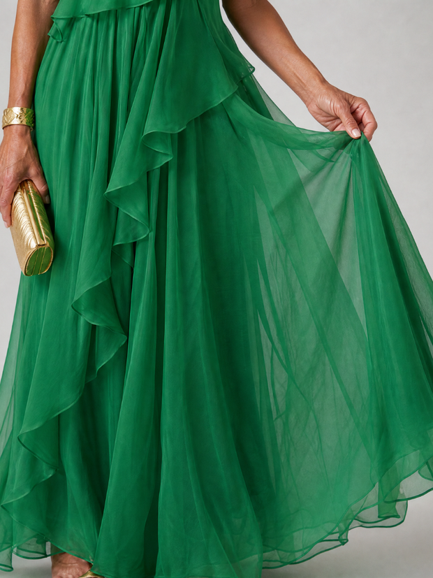 Blanche | Robe longue une épaule à volants en cascade