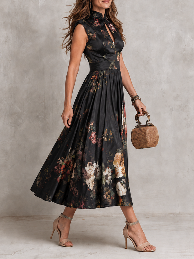 Adèle | Robe midi en satin à col ajouré