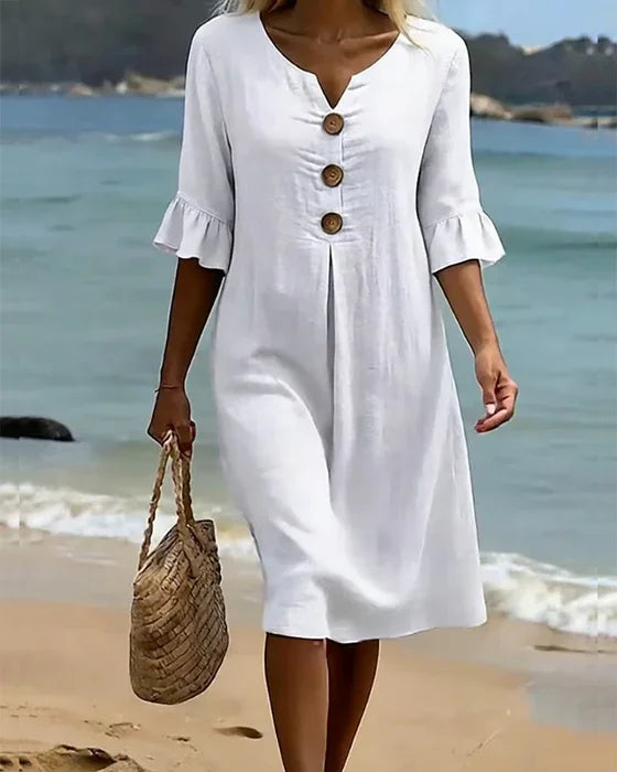 Vanesa – Robe fluide avec manches volantées et boutons