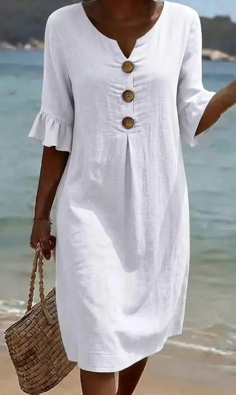 Vanesa – Robe fluide avec manches volantées et boutons