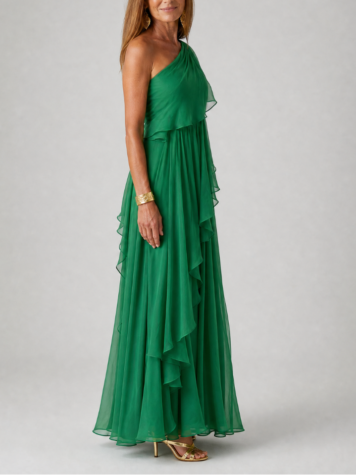 Blanche | Robe longue une épaule à volants en cascade