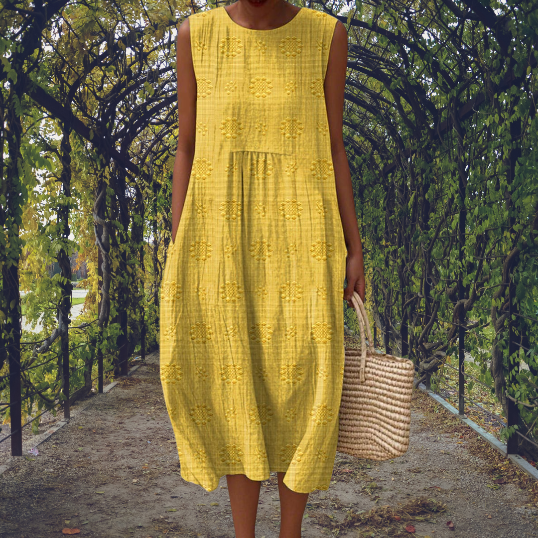 Amandine – Robe midi fluide sans manches avec poches
