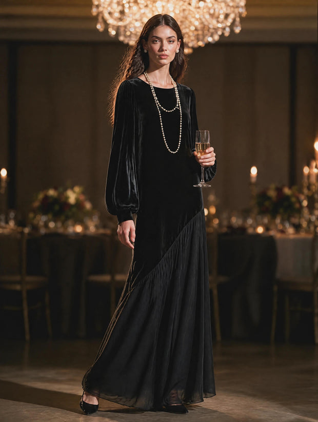 Désirée | Robe longue en velours noir et mousseline
