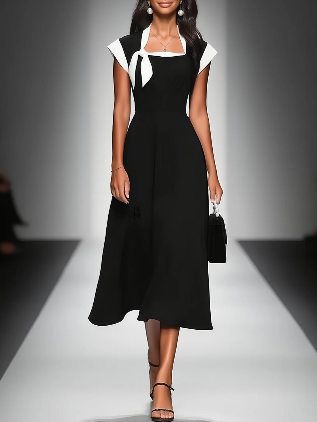 Camille | Robe midi noire à col contrasté