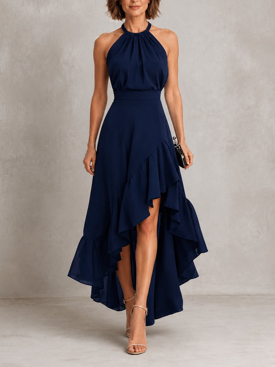 Chloé | Robe longue col halter à ourlet à volants